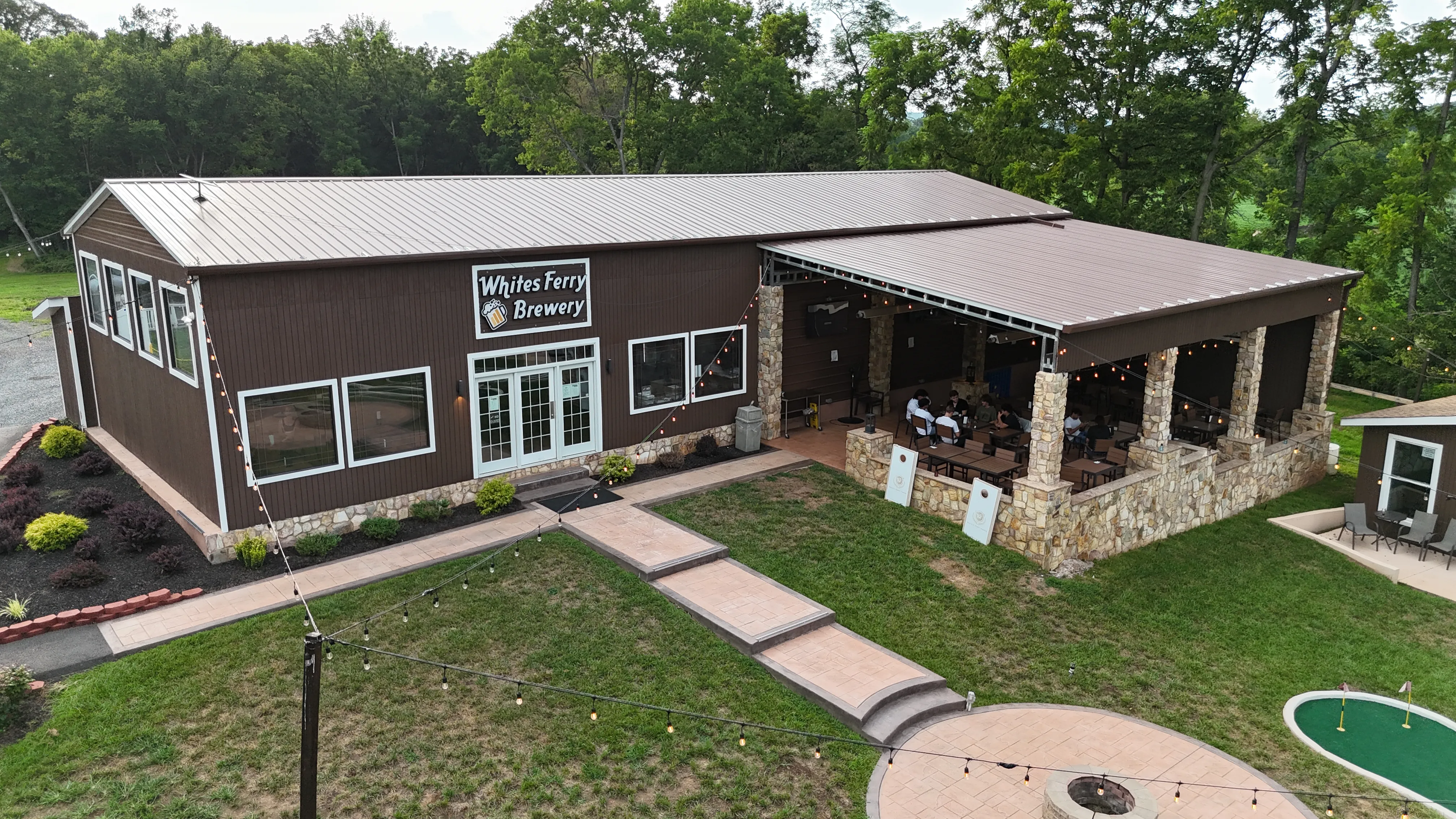 Aerial view of the Whites Ferry Brewery grounds and patio